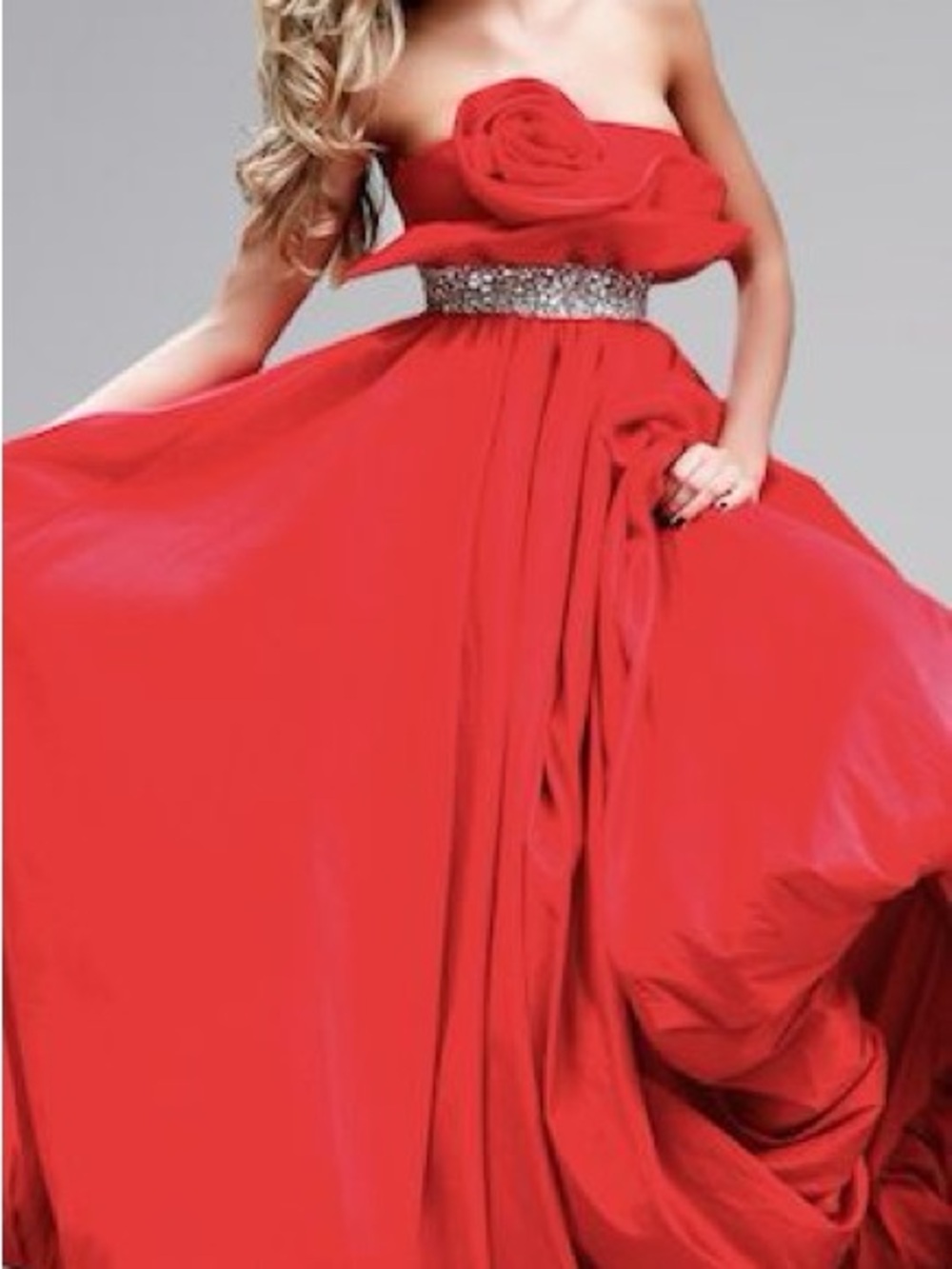 Sherri Hill Strapless Red Evening Gown with Floral Bodice and Rhinestone Waist